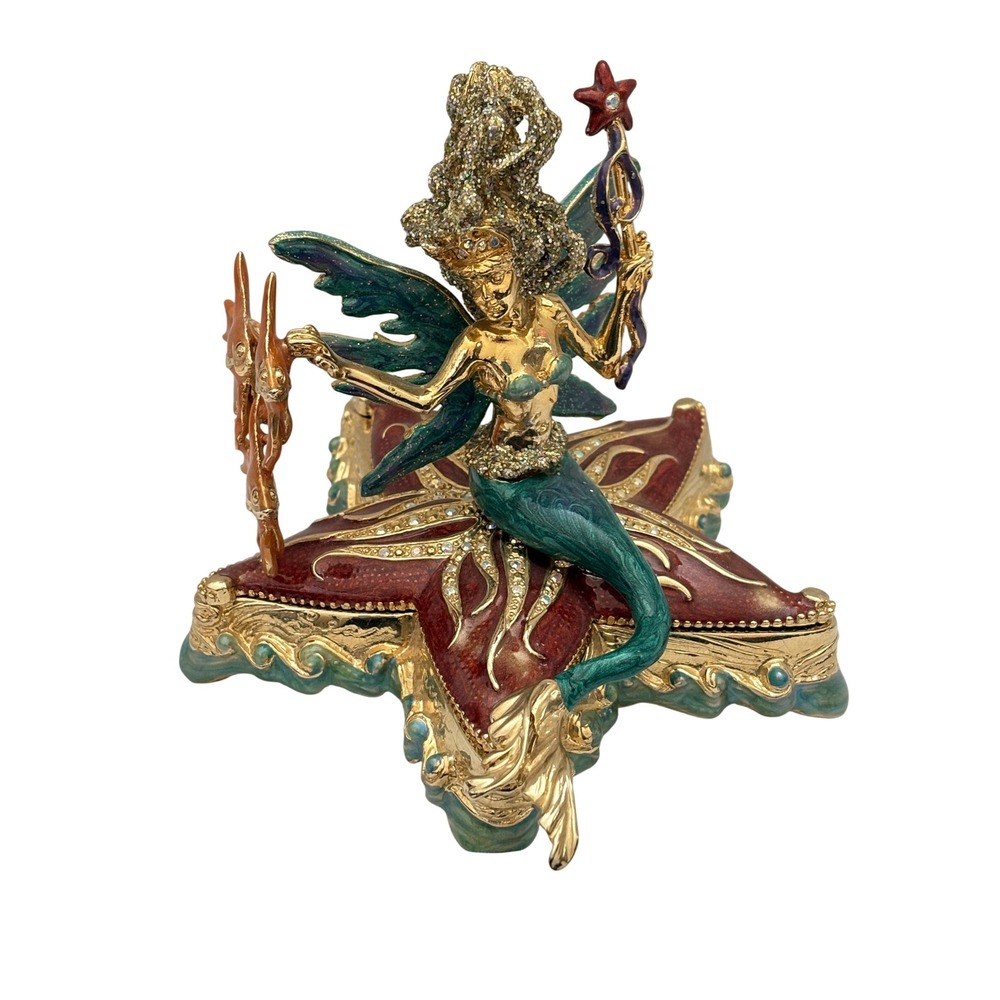 Kirks Folly Sea Fairy Mermaid Starfish Trinket Box Enamel Rhinestone Collectible